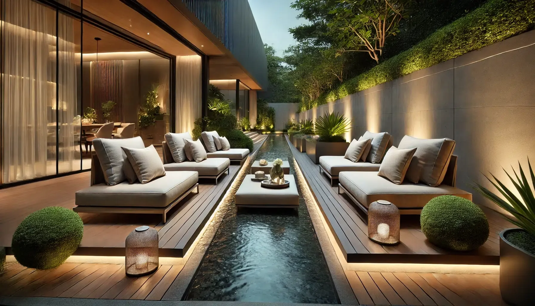 DALL·E 2025-07-09 22.07.41 - A luxurious outdoor seating area in a horizontal (landscape) format, featuring modern, elegant outdoor furniture with plush cushions in neutral tones