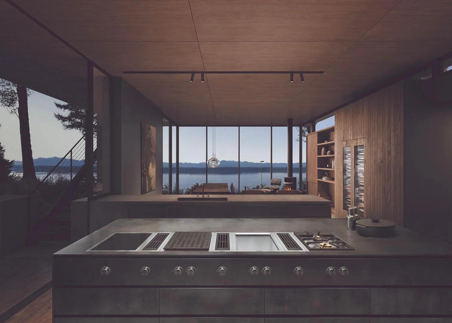 Moderne Gaggenau Luxusküche mit minimalistischer Kochinsel, High-End-Kochfeldern und großem Panoramafenster mit Blick auf einen See.