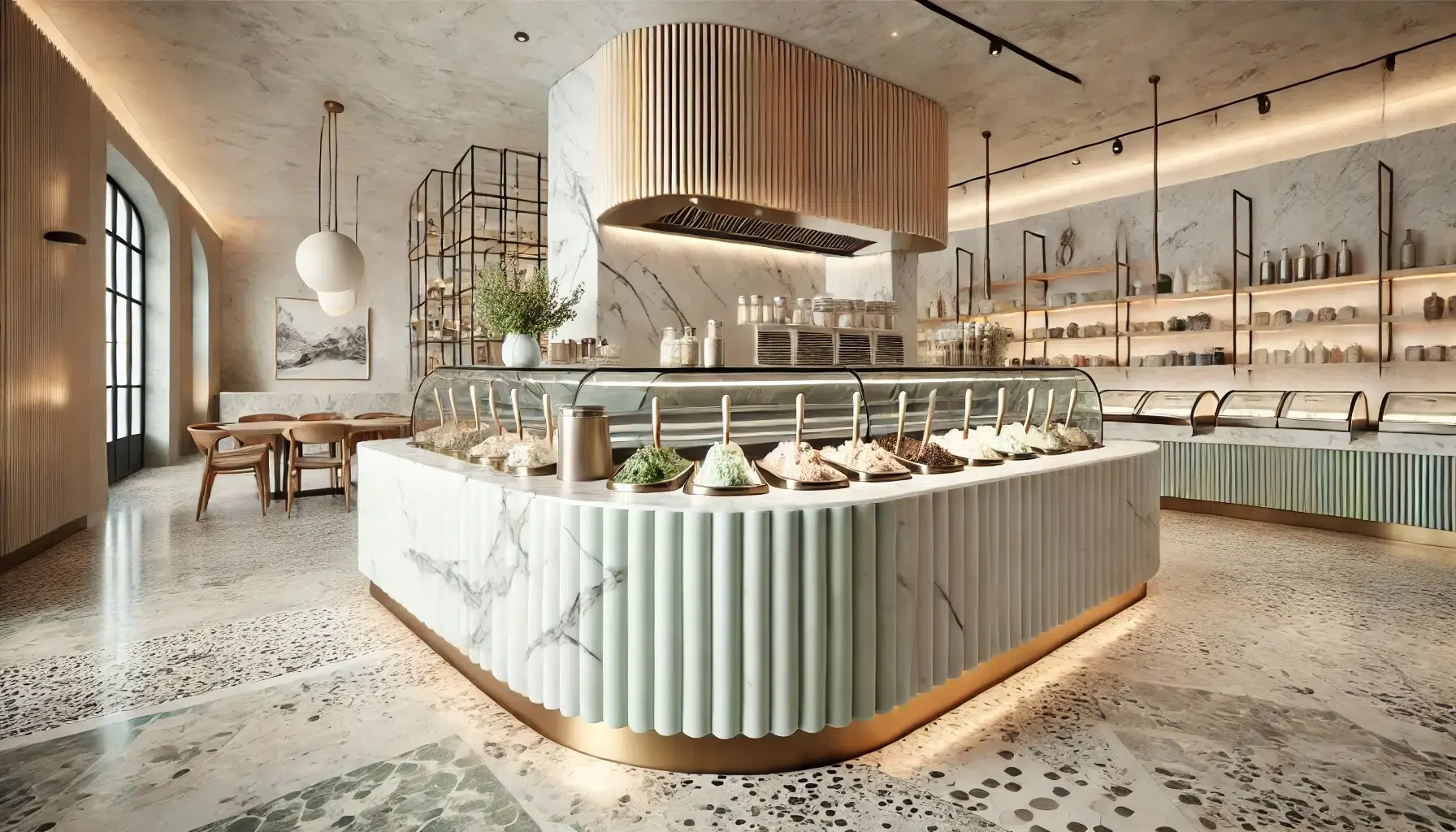 1008_Eisdiele_DALL·E 2025-07-20 19.51.01 - Photo-realistic interior of a high-end modern Italian gelateria. The focus is on a luxurious and contemporary gelato counter made of white marble with